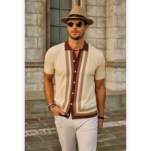 PJ Paul Jones Mens XL Brown Beige Striped Knit Button Down Polo Shirt